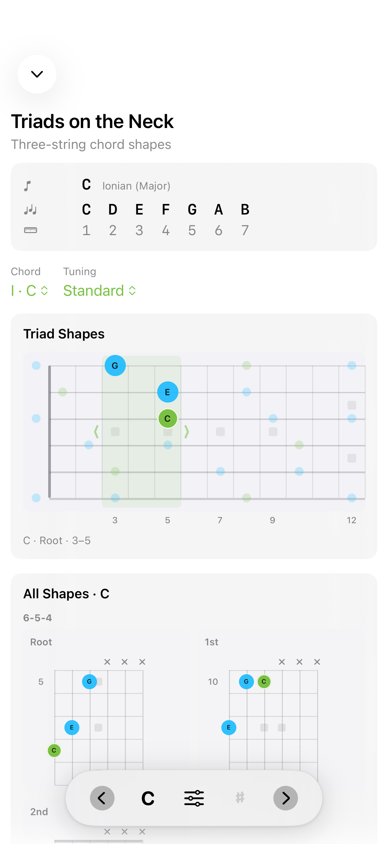 Triad shapes on the fretboard on iPhone